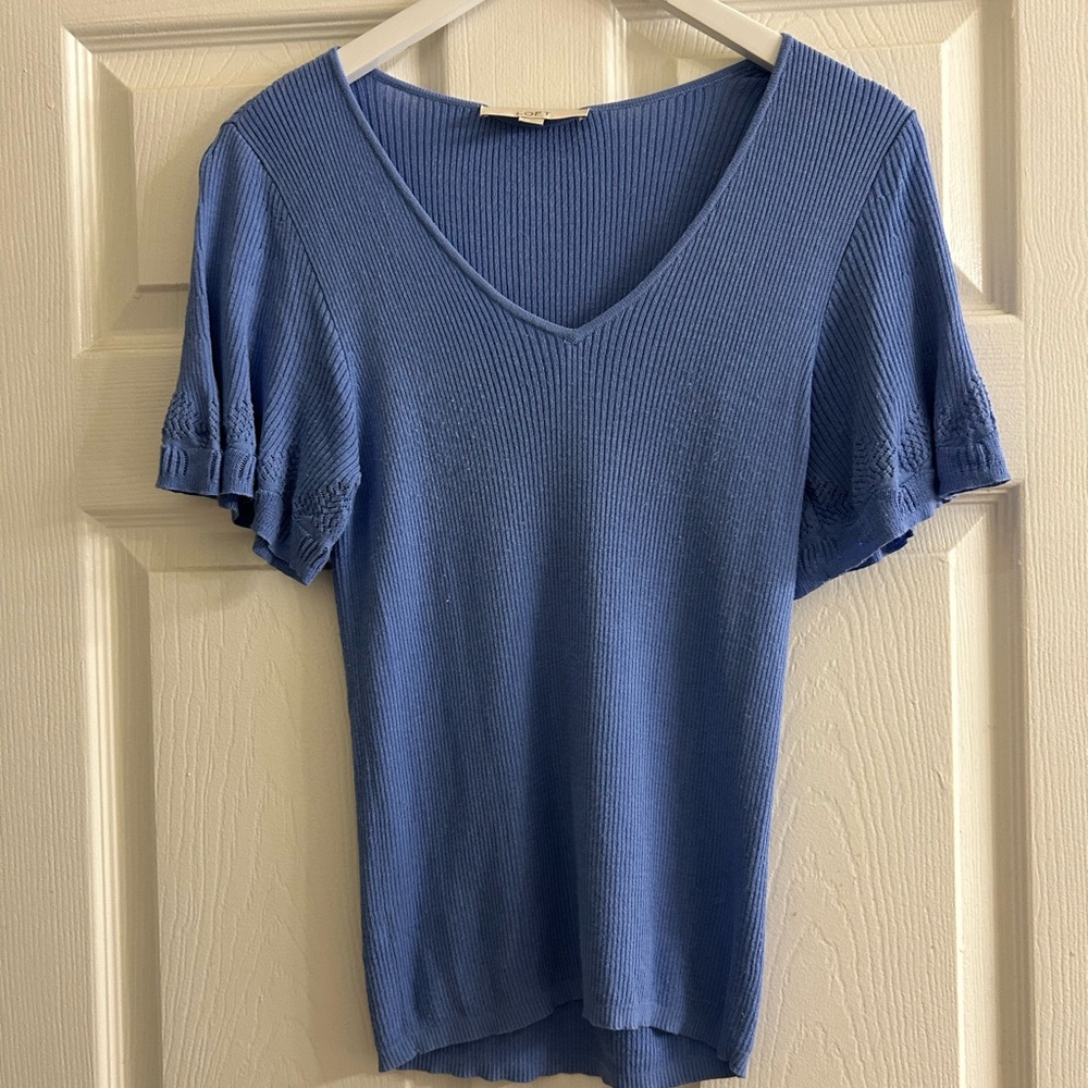 Ann Taylor Blue V-Neck Ribbed Women's Top